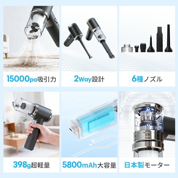 ＼クーポンで3,880円／楽天1位 ハンディクリーナー コードレス 15000pa 強力吸引 車用掃除機 吸引モード 送風モード サイクロン式 HEPAフィルター ハンディ掃除機 ハイパワー 超強力 超軽量 大容量 小型掃除機 6種アタッチメント G35 コードレスクリーナー